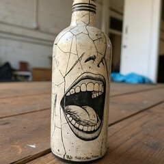 Artistic bottle with a screaming face design on a wooden surface