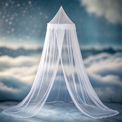 White lace canopy hanging from a starry sky with clouds