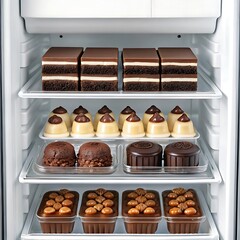 Assortment of delicious desserts neatly arranged on refrigerator shelves