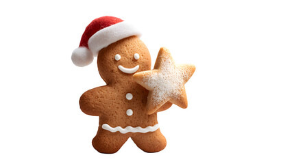 A gingerbread man cookie, wearing a Santa hat, holding a miniature star-shaped sugar cookie with white icing. Adorable and detailed scene, isolated on white background.