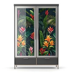 Modern wardrobe with tropical floral glass doors and dark drawers
