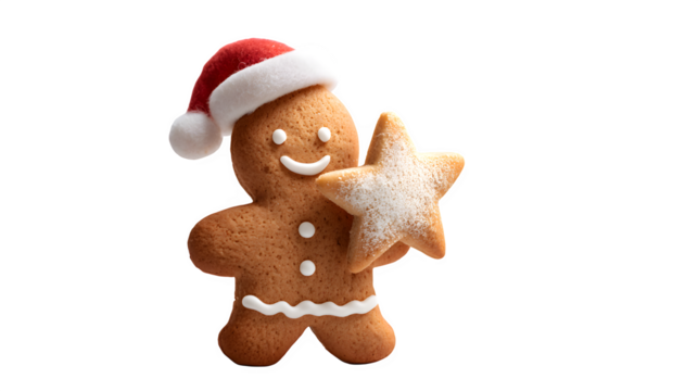A gingerbread man cookie, wearing a Santa hat, holding a miniature star-shaped sugar cookie with white icing. Adorable and detailed scene, isolated on white background.