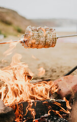 A skewer of meat is being cooked over a fire