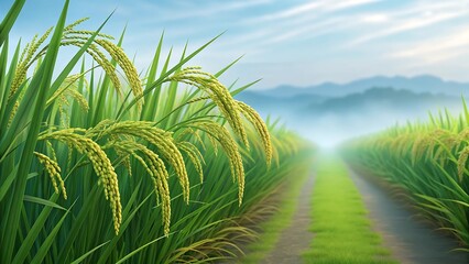 Golden rice field pathway leading to misty mountains under sunlight