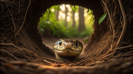 Snake emerging from a dark tunnel into a sunlit forest
