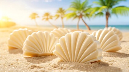 Tropical beach scene with seashell shaped desserts on sand