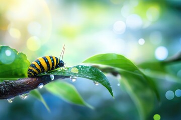 Close-up of vibrant yellow caterpillar on leafy branch with bokeh background