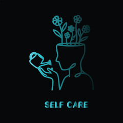 Neon glow self care concept of mental growth and wellbeing with watering plant vector