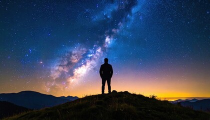 Silhouette of a Person Standing on a Hilltop Observing the Starry Night Sky with Milky Way Galaxy above