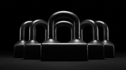 Group of six black metal objects arranged in a row on a black background. the objects appear to be made of a shiny, metallic material and have a curved shape with a pointed end.
