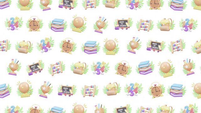 Cute Back to School Seamless Pattern Animation of 3D Education Icons