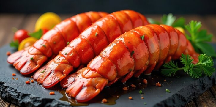 Succulent, glistening lobster tails ready to be cooked Perfect for gourmet meals and restaurant menus Showcase the exquisite texture and vibrant color of fresh seafood , crustacean, roasted