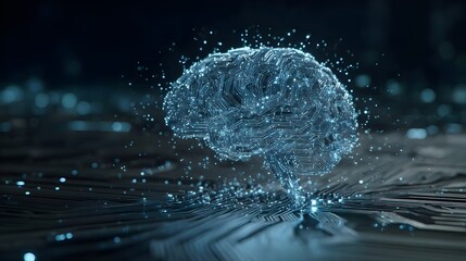 Digital brain made of glowing circuit lines and particles above tech surface. Concept: Artificial intelligence, digital innovation, futuristic technology, and neural network visualization.