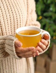 Warm Hands Holding Yellow Mug of Tea with Cozy Sweater and Christmas Tree
