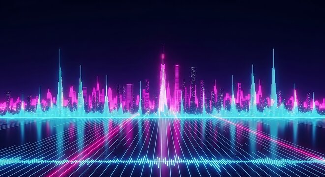 Futuristic neon cityscape with glowing skyline and reflections, perfect for technology, music, and entertainment concepts