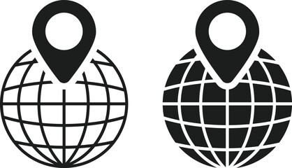Globe icon with location symbol set. geo location symbols. Global Location, GPS Navigation and World Map icons collection. Worldwide map © creativeKawsar