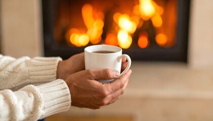 Warmth from the Fireplace: Hands Holding a Mug of Tea in Cozy Ambiance