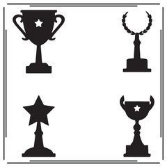 Award Trophies Silhouette Set - Star Trophy, Laurel Cup, Victory Awards Icons, Black Symbols for Achievement, Recognition, and Competition Designs