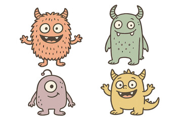 A collection of adorable monsters, depicted as cartoon characters in a sketch style, rendered as hand‑drawn vector illustrations