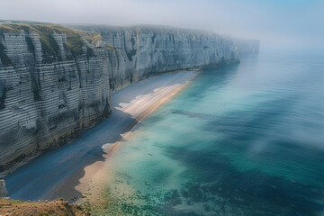 Fototapeta premium Scenic View of Étretat’s Iconic White Cliffs and Golden Beach