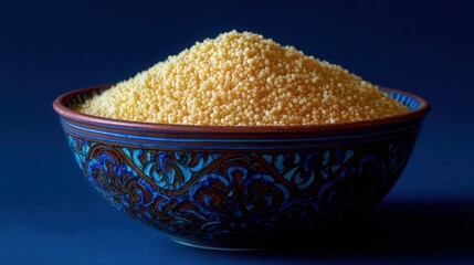 Close-up of a bowl filled with yellow couscous. the bowl is made of ceramic and has a blue and red color scheme with an intricate floral design on the rim.