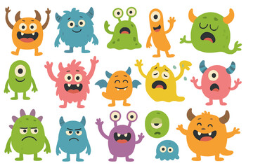 Naklejka premium Background featuring cartoon monsters, a cute monster expressing various emotions, a banner for a children's festival or party, little unattractive childlike companions, and elegant vector characters