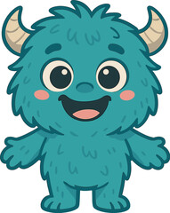A cute blue monster with horns, fluffy hair, and big eyes, smiling while standing alone on a transparent background