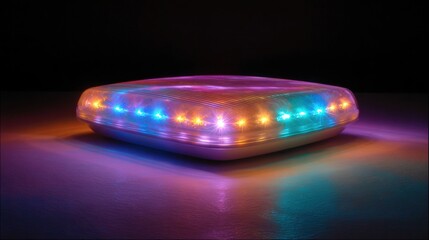 Close-up of a rectangular-shaped object with a rainbow-colored light on top. the light is made up of multiple colors, including red, orange, yellow, green, blue, and purple.