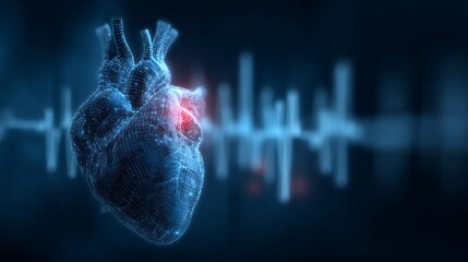 A vivid representation of a heart rendered in digital design, surrounded by data visualizations. This artwork illustrates the merging of technology and medicine in arrhythmia research