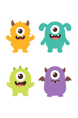 Obraz premium Adorable cartoon baby monsters rendered as vectors, isolated on a transparent background, featuring a collection of monster babies, aliens, or beasts with a cyclops face illustration