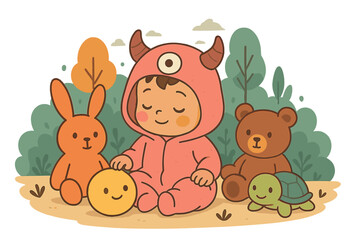 A snug baby wearing a pink monster hoodie, surrounded by vibrant plush toys in a tranquil outdoor scene