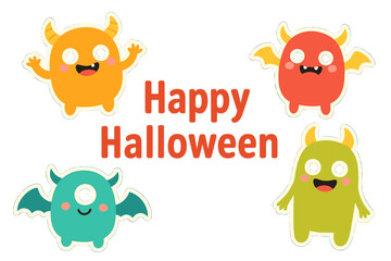 A cute kawaii cartoon baby monster icon with colorful silhouette, horns, wings, fangs, and eyes, designed in flat style for a Halloween sticker set on a black background, rendered as a vector