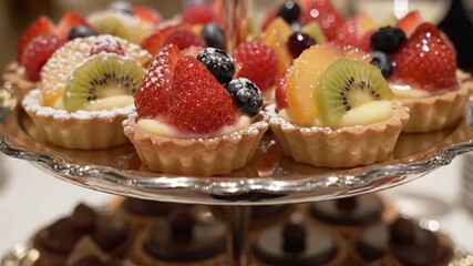 A visually appealing close-up shot of an exquisite tiered dessert stand showcasing a variety of vibrant fruit tarts. Each individual tart features a perfectly baked golden crust, a luscious, creamy fi - Powered by Adobe