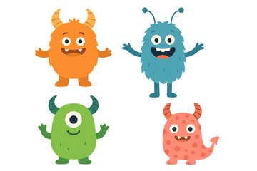 A collection of adorable monsters rendered in flat vector style