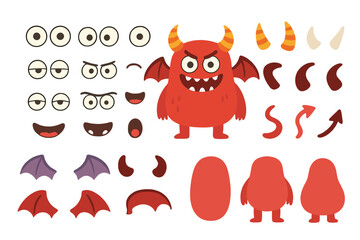 A cartoon monster creation kit that lets you build a funny evil character with body parts such as eyes, wings, tails, horns, facial expressions, and figure shapes to create unique and playful