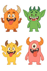 Cartoonish, humorous monster figures, adorable comic Halloween characters, solitary vectorized devils, goblins, unattractive aliens, kawaii smiling beings, and mutants sporting horns, wings, fangs