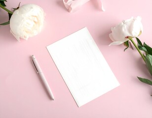 note with pink rose and pen on white background