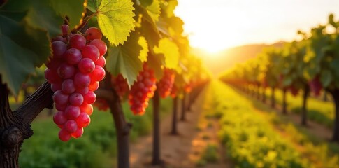 Fototapeta premium Sun-drenched rows of ripe grapes hanging heavy on the vine, ready for harvest at a picturesque winery Golden sunlight bathes the lush vineyard in a warm glow , sunlit, beautiful