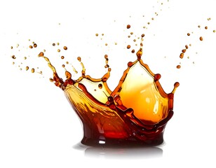 Dynamic capture of amber liquid crown splash against a white backdrop