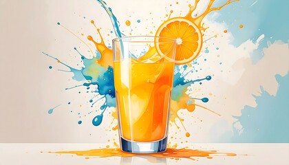 Watercolor Splash: Vibrant Orange Juice Glass with Citrus Slice and Artistic Splatters