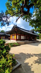 Fototapeta premium A serene view of a traditional Korean architectural complex, partially shaded by trees, showing details of roof tiles and colorful walls