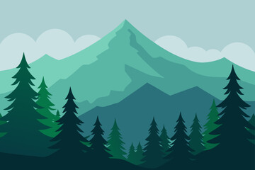 oil painting pine trees misty mountains background illustration