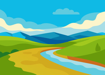 oil painting river meadow under sky background illustration