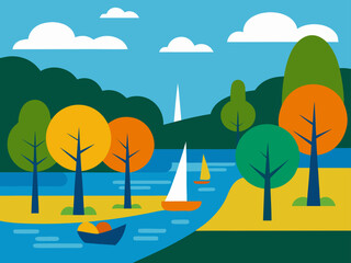 oil painting riverside trees boats background illustration
