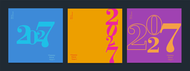 Set Numbers 2027 Year. Happy New Year 2027 and Merry Christmas. Background Figure in the Red, Pink, Orange Color. Abstract Vector Illustration or Advertising, Social Media, Poster, Banner, Cover.