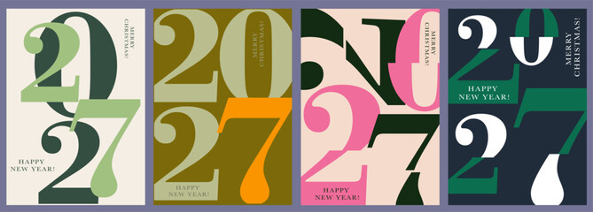2027 Happy New Year and Merry Christmas. Set Creative Geometric Numbers 2027. Abstract Typography Background for Advertising, Web, Social Media, Banners, Covers, Poster, Card. Vector Illustration.