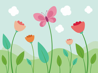 watercolor blooming meadow butterflies background illustration
