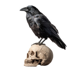 Fototapeta premium Raven resting on a human skull, symbolizing mystery and mortality, isolated on transparent cutout background