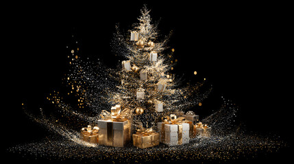 A photorealistic Christmas tree with gifts, where the tree itself is made of sparkling gold glitter particles. Abstract meets realism, magical effect, for transparent background.