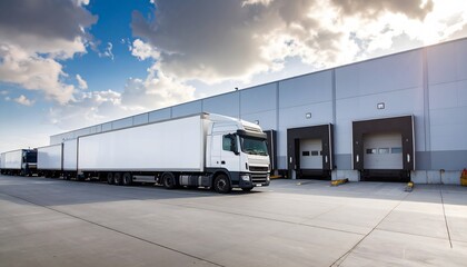 White Semi-Trucks Parked at Loading Docks Under a Partly Cloudy Sky